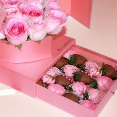 "Sweet Love" Premium Gift Box with Chocolate-Covered Strawberries & Roses