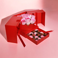 "Red" Premium Gift Box with Chocolate-Covered Strawberries & Roses