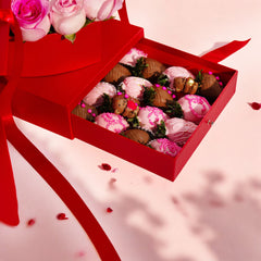 "Red" Premium Gift Box with Chocolate-Covered Strawberries & Roses