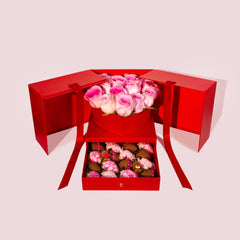 "Red" Premium Gift Box with Chocolate-Covered Strawberries & Roses