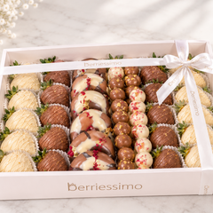 Luxury Pumpkin Flower Arrangement with Chocolate-Covered Strawberries, Berry Donuts & Artisan Chocolate Batons