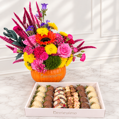 Luxury Pumpkin Flower Arrangement with Chocolate-Covered Strawberries, Berry Donuts & Artisan Chocolate Batons