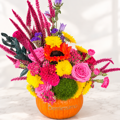 Luxury Pumpkin Flower Arrangement with Chocolate-Covered Strawberries, Berry Donuts & Artisan Chocolate Batons