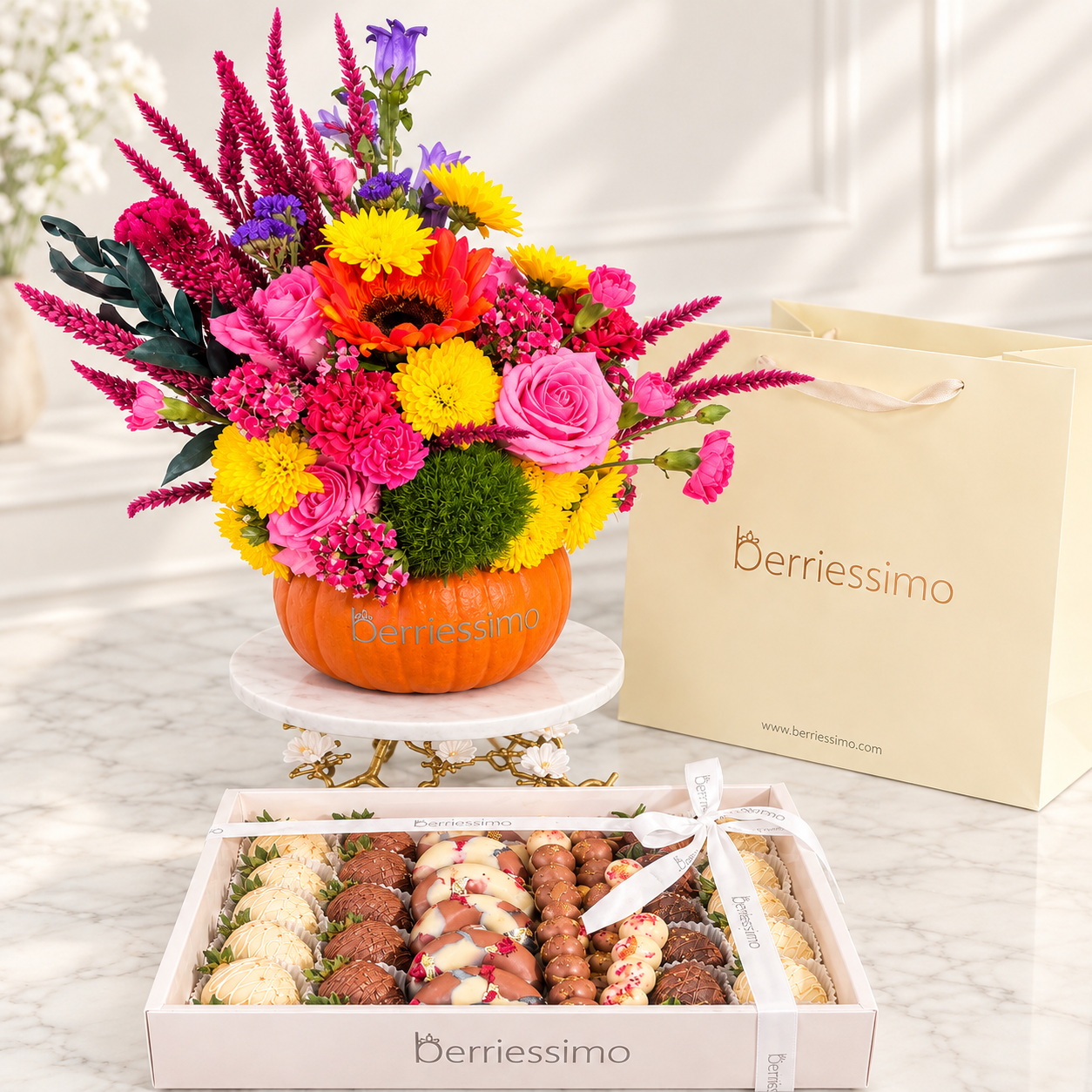 Luxury Pumpkin Flower Arrangement with Chocolate-Covered Strawberries, Berry Donuts & Artisan Chocolate Batons