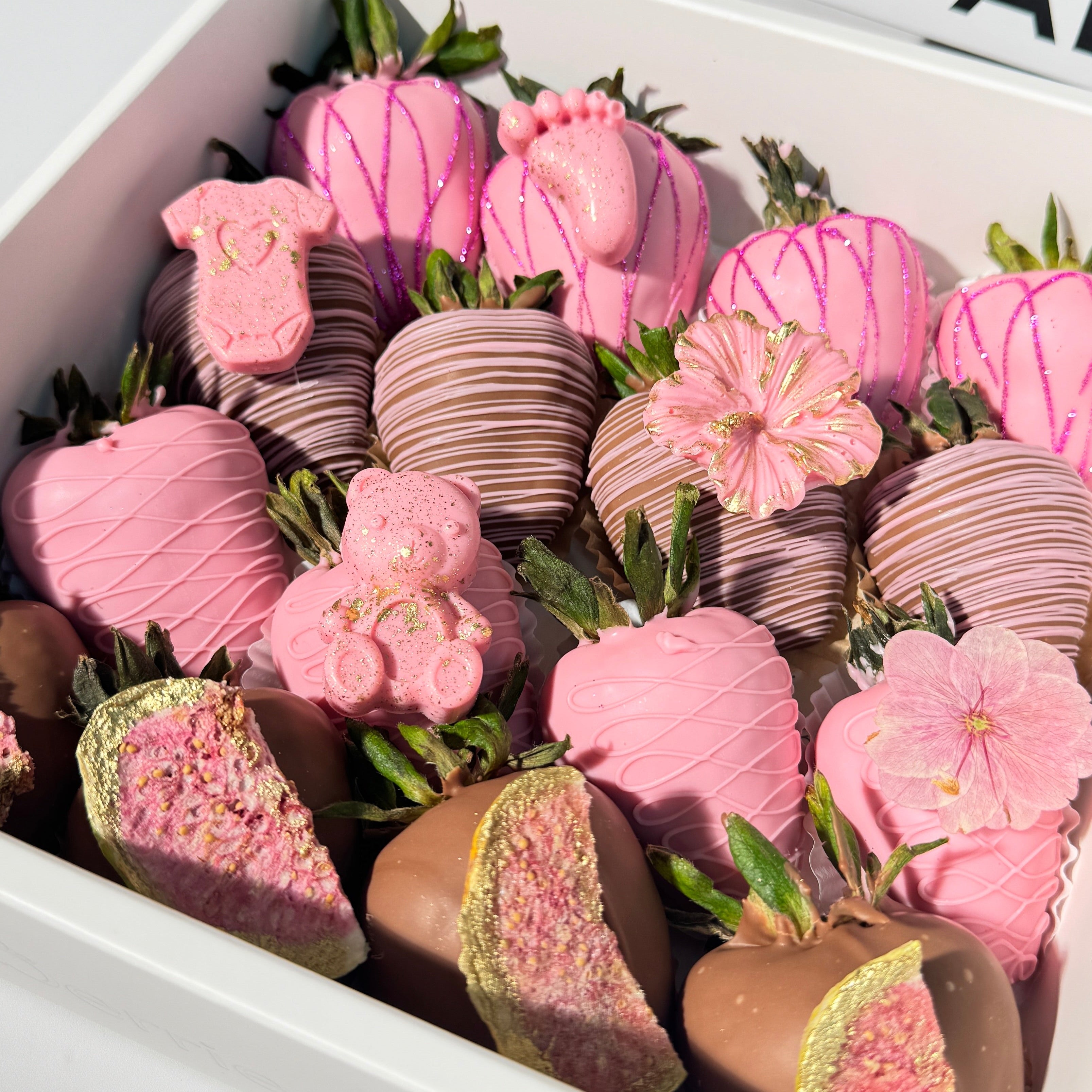 Baby Girl Chocolate Covered Strawberries | Pink Baby Shower Gift Box